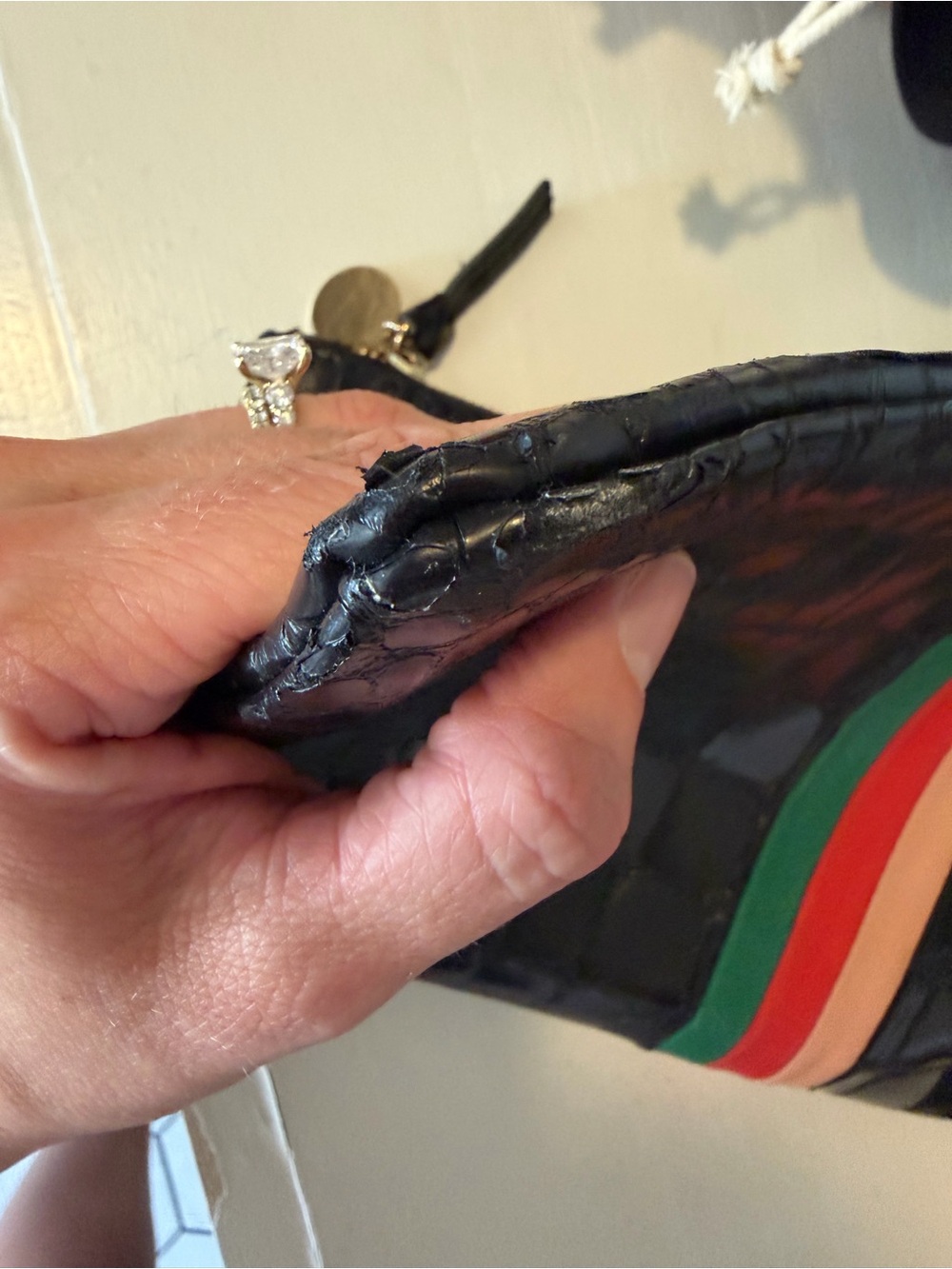 Black Croc Foldover Clutch with Green and Red Center Stripe - Picture 5 of 6
